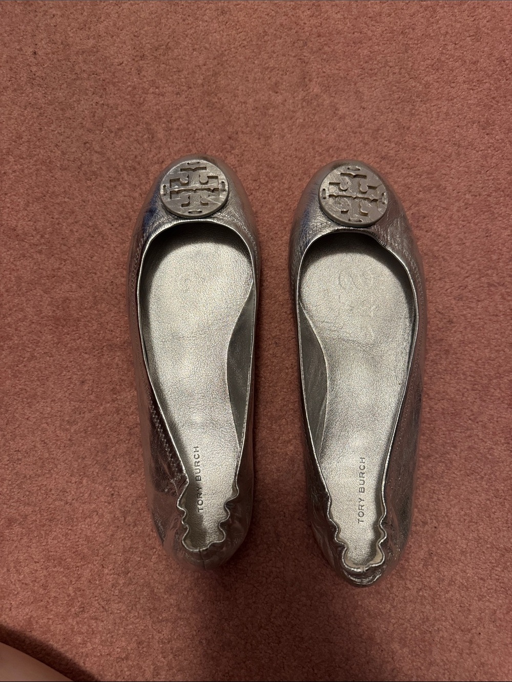 Tory Burch Silver Metallic Logo Ballet Flats